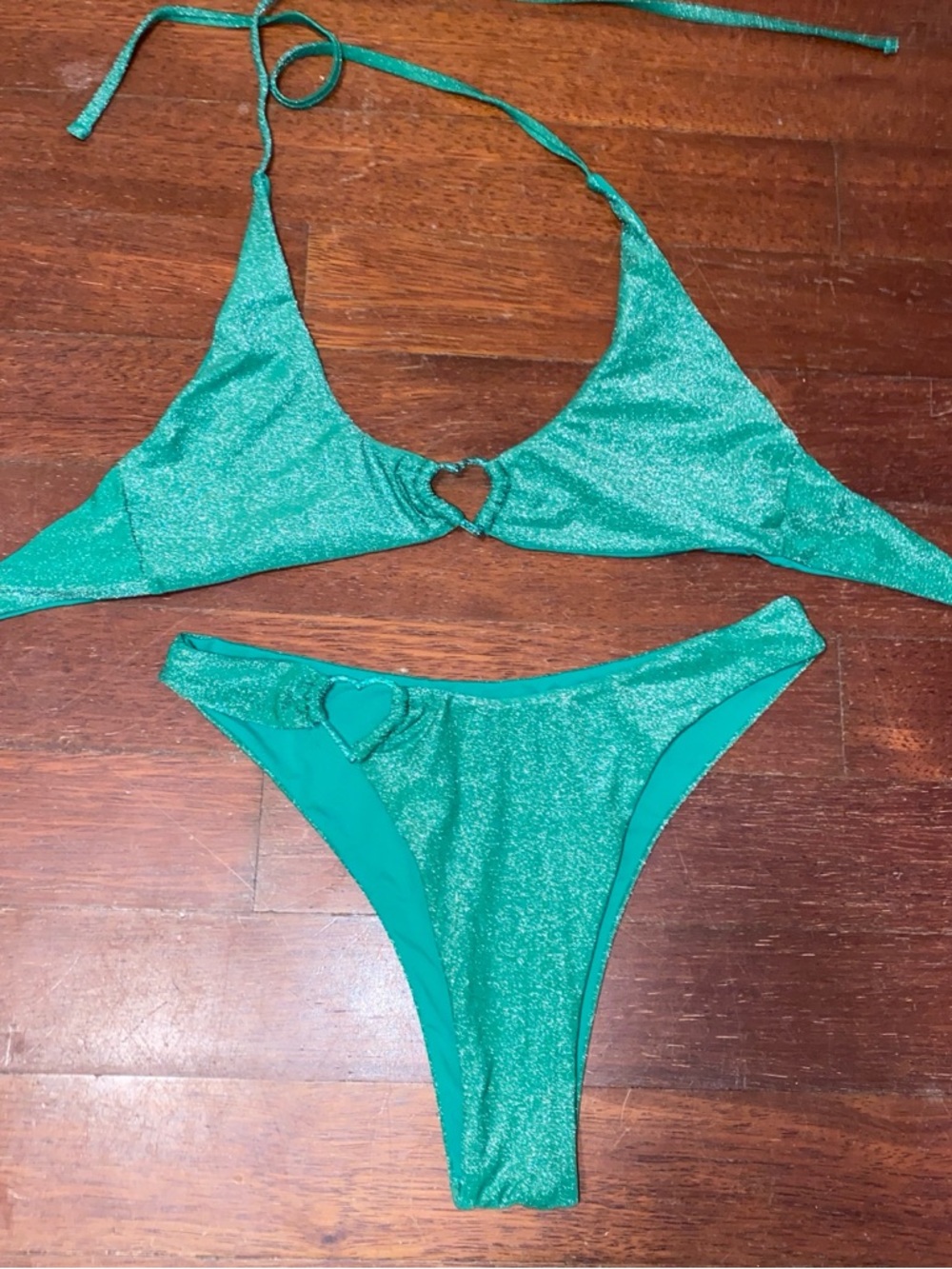 Green Shimmer Heart-Accent Bikini Set - Women Swim